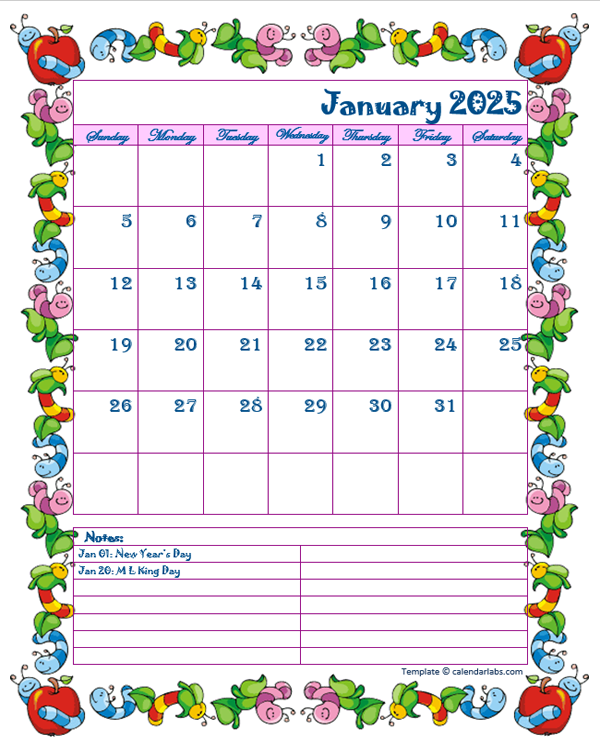 2025 Monthly Kid Kindergarten Calendar Template