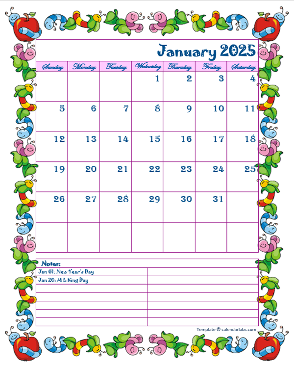 2025 Monthly Kid Kindergarten Calendar Template - Free Printable Templates