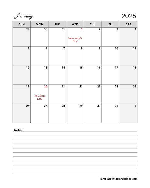 2025 Calendar Template Large Boxes