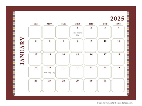 2025 Calendar Template Large Boxes