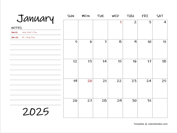 2025 Calendar Template with Monthly Notes