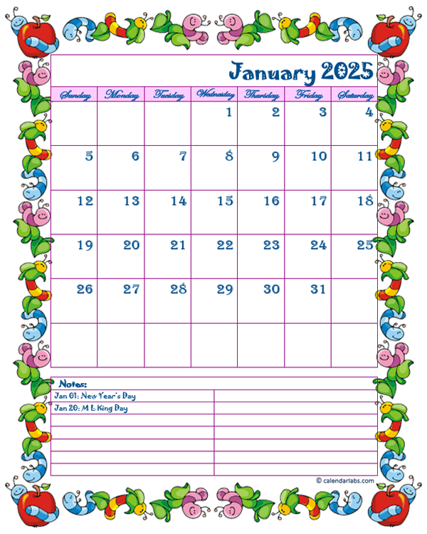 2025 Monthly Cute Kids Calendar Template