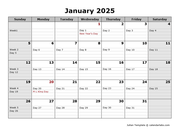 2025 Monthly Julian Calendar Landscape
