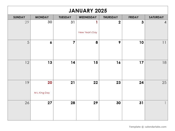 2025 Monthly Large Calendar Holidays