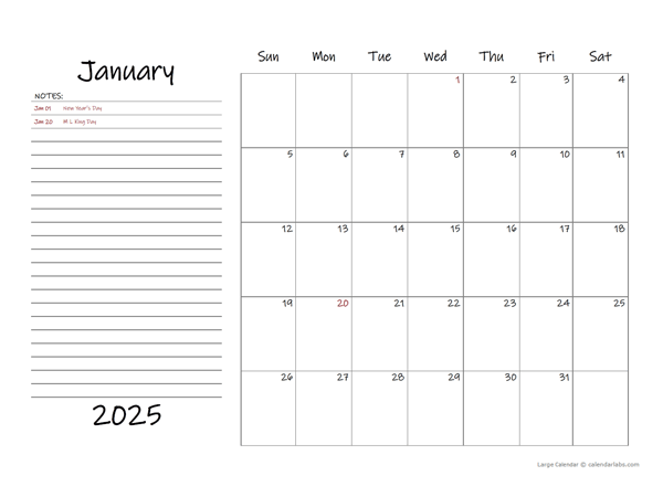 2025 Monthly Large Calendar With Notes