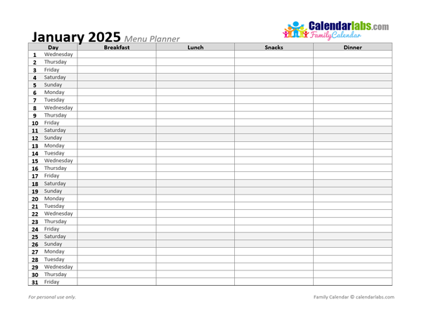 2025 Monthly Menu Planner