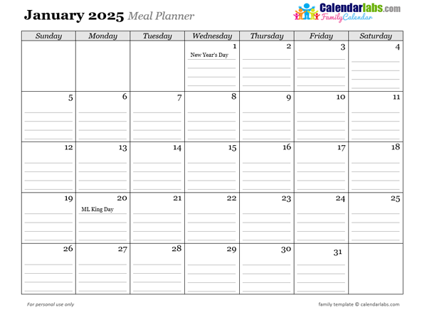 2025 Monthly Menu Planner