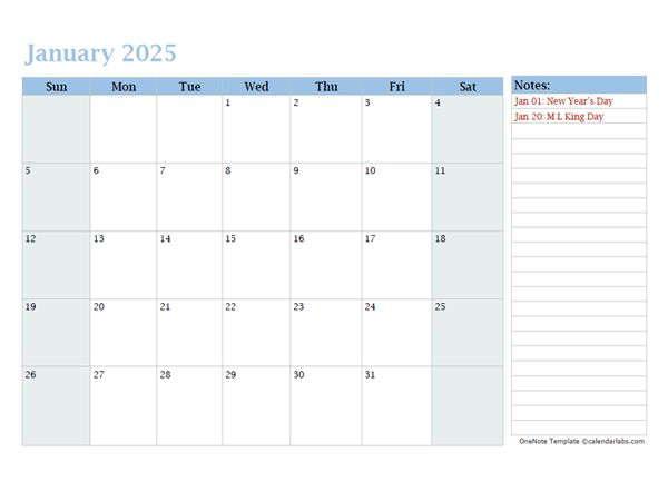 2025 Monthly OneNote Calendar - Free Printable Templates