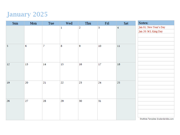 2025 Monthly OneNote Calendar