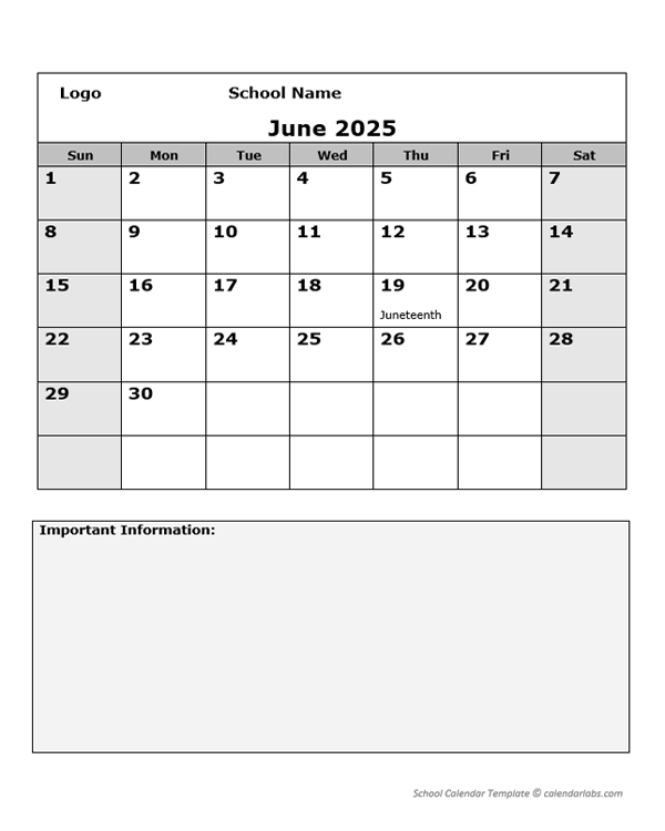 2025 Monthly School Jun-Sep Calendar