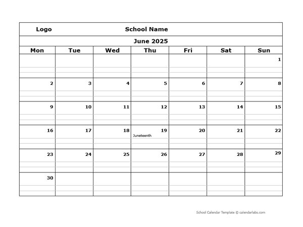 2025 Monthly School Mon Jun-Sep Calendar