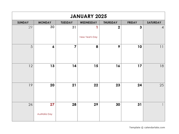2025 Monthly Word Australia Calendar Holidays