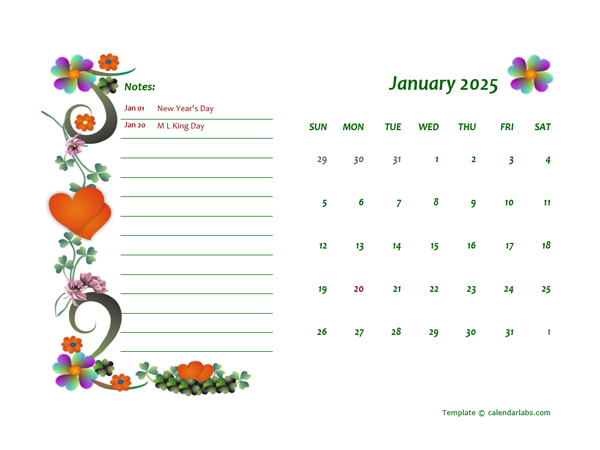 2025 Monthly Word Calendar Design Template