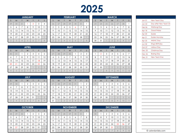 2025 New Zealand Annual Calendar with Holidays