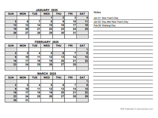 2025 New Zealand Quarterly Calendar with Holidays