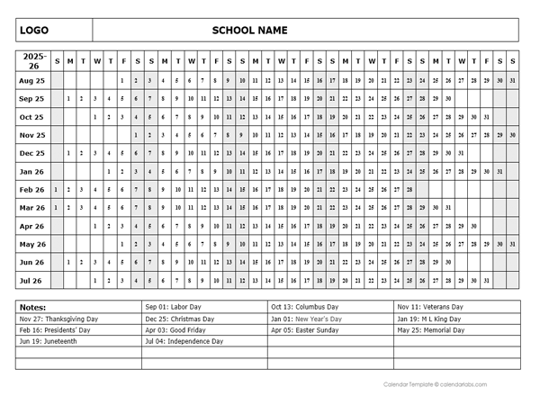 2025 One Page School Calendar Aug