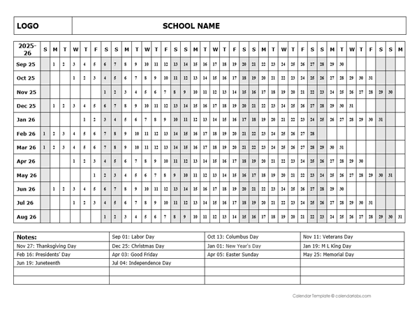 2025 One Page School Calendar Sep