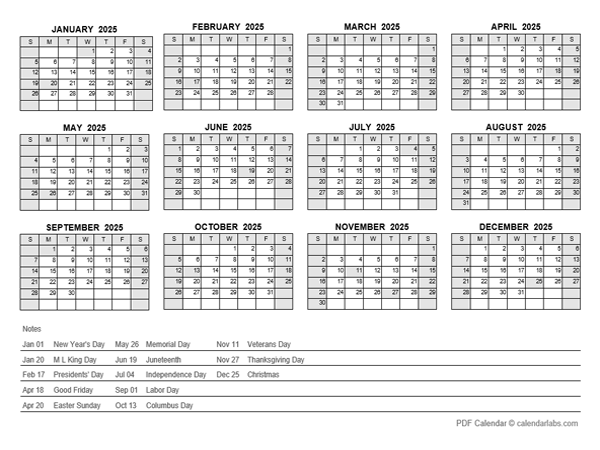 2025 PDF Yearly Calendar With Holidays
