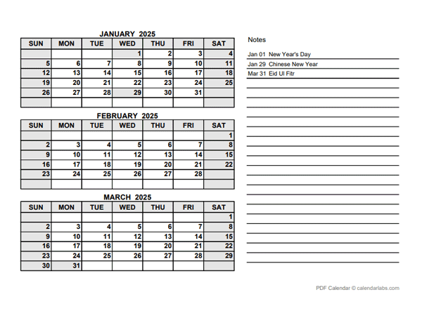 2025 Philippines Quarterly Calendar with Holidays