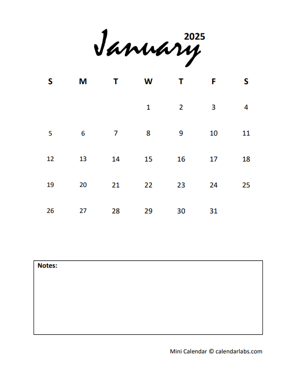 2025 Portrait Mini Calendar Printable