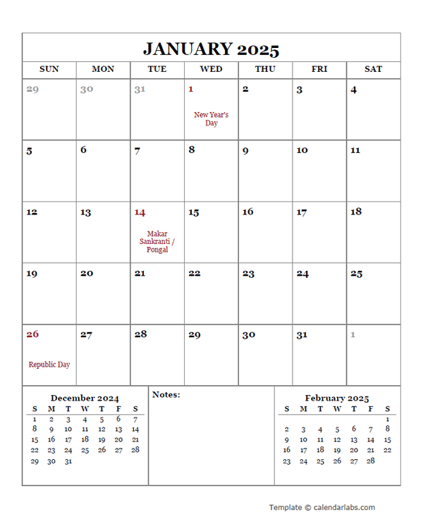 2025 Printable Calendar with India Holidays