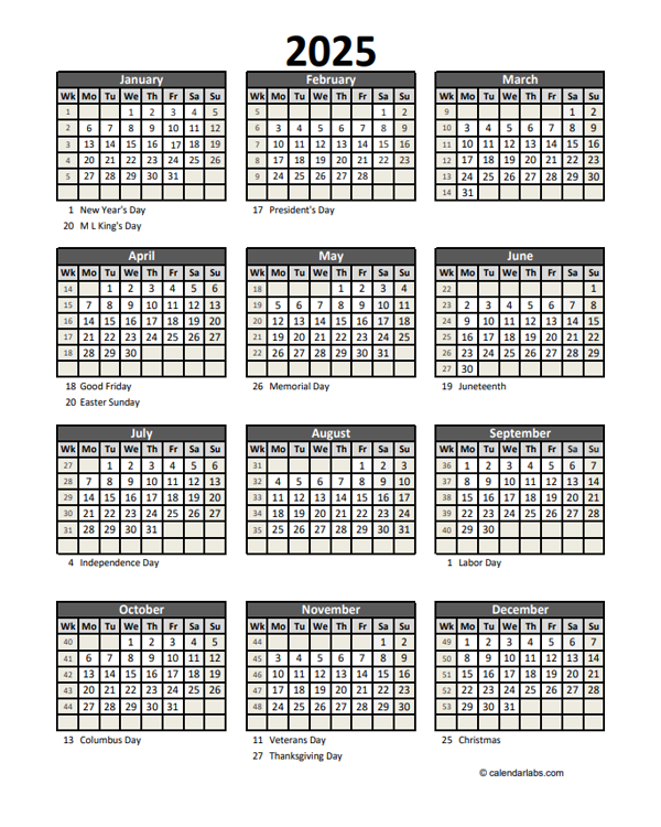 2025 Printable Calendar With Holidays