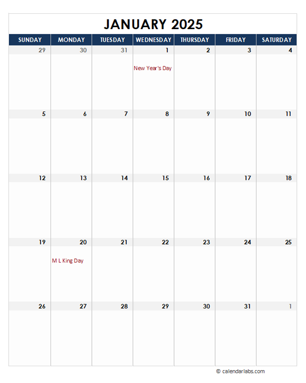 2025 Printable Calendar With large Boxes