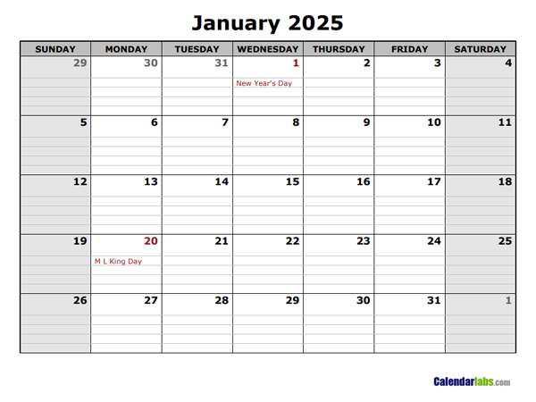 2025 Printable Landscape Monthly Calendar