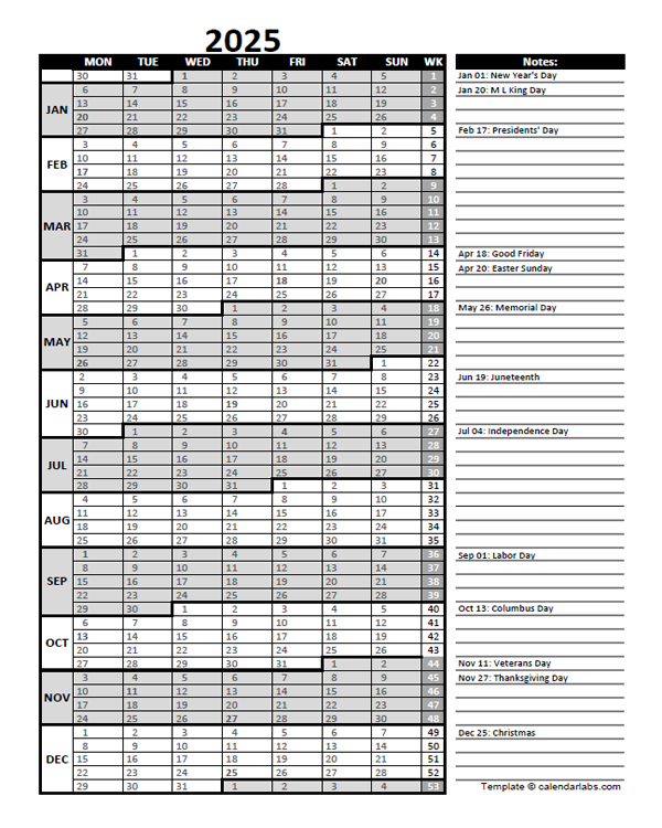 2025 Business Project Planning Calendar With Week Number