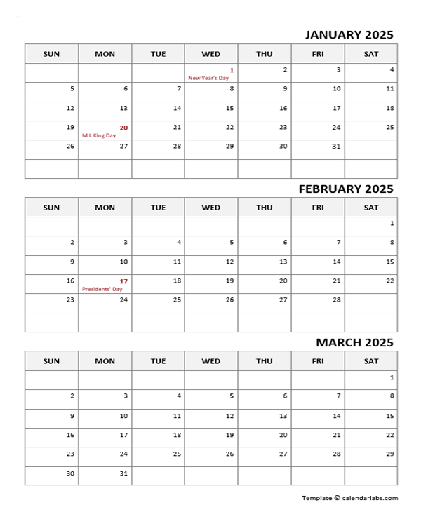 2025 Three Month Calendar Template