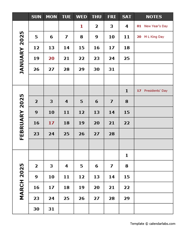 2025 Quarterly Calendar Template