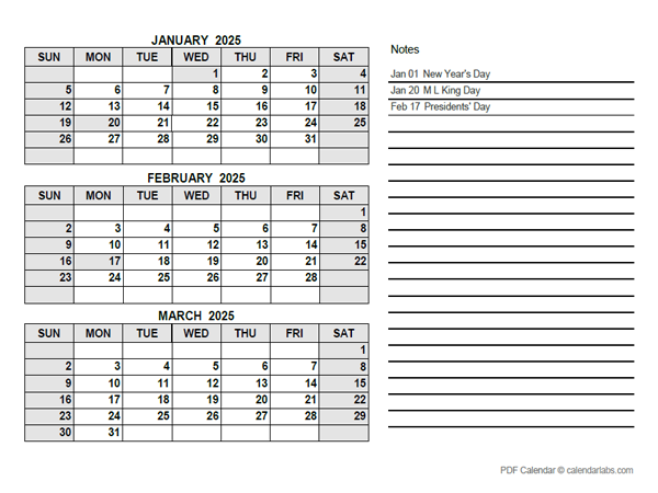 2025 Quarterly Calendar PDF