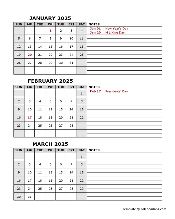 2025 Quarterly Calendar With Holidays