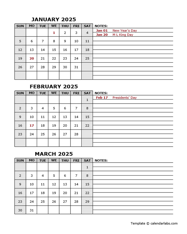 2025 Quarterly Calendar With Holidays - Free Printable Templates