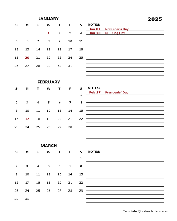 2025 Quarterly Portrait Calendar Template