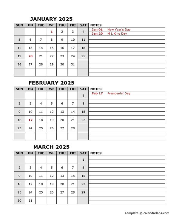2025 Quarterly Word Calendar With Holidays
