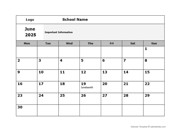 2025 School Monthly Mon Jun-Sep Calendar