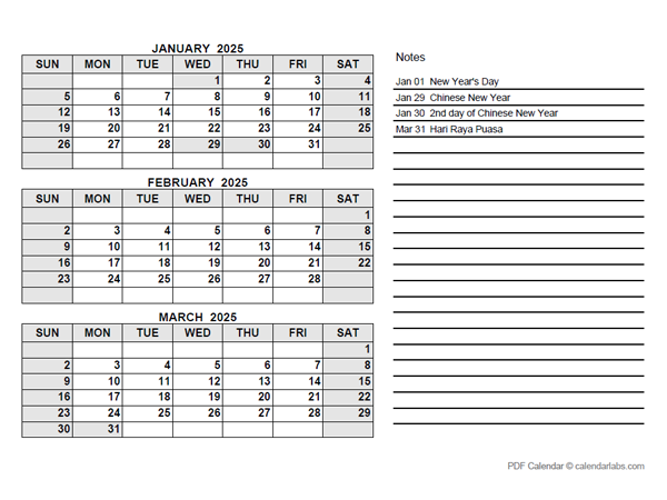 2025 Singapore Quarterly Calendar with Holidays