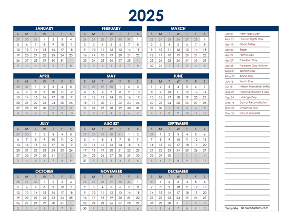 2025 South Africa Annual Calendar with Holidays