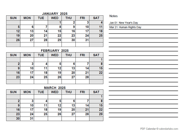 2025 South Africa Quarterly Calendar with Holidays