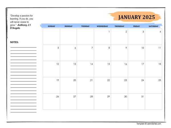 2025 Student Calendar With Note Space