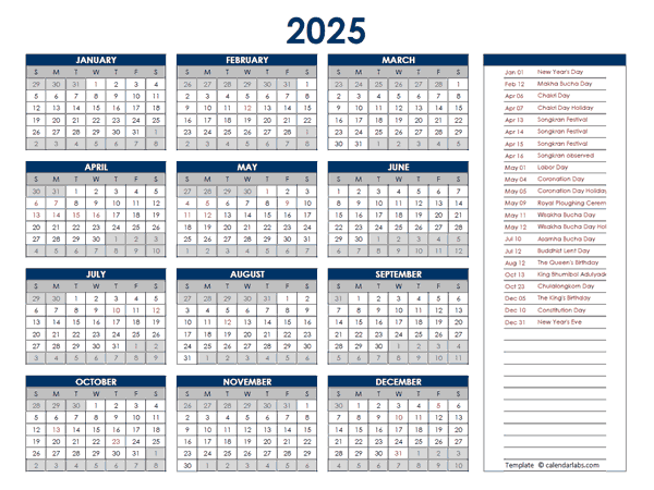 2025 Thailand Annual Calendar with Holidays