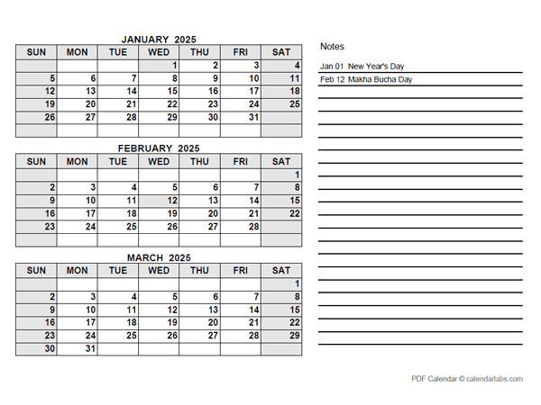 2025 Thailand Quarterly Calendar with Holidays