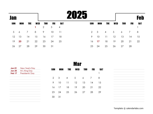 2025 Quarterly Three Month Calendar