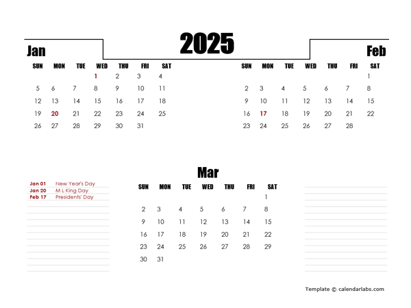 2025 Three Months Word Calendar Template