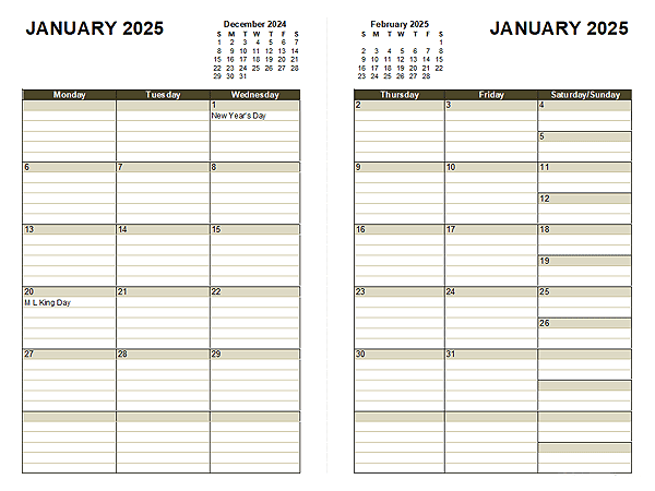 2025 Two Page Monthly Calendar A3