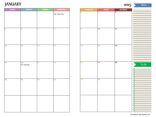 2025 Two Page Monthly Spreadsheet Calendar