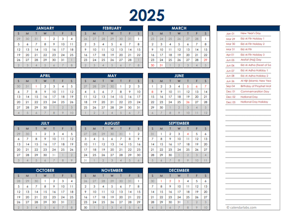 2025 UAE Annual Calendar with Holidays