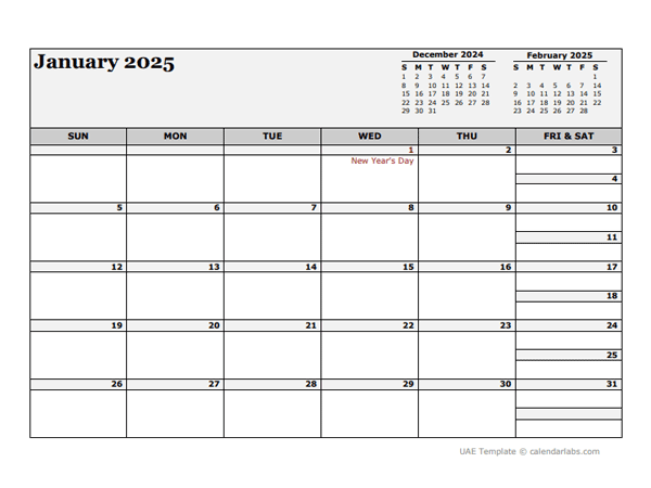 2025 UAE Calendar For Vacation Tracking