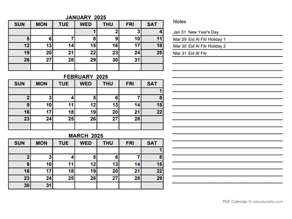 2025 UAE Quarterly Calendar with Holidays